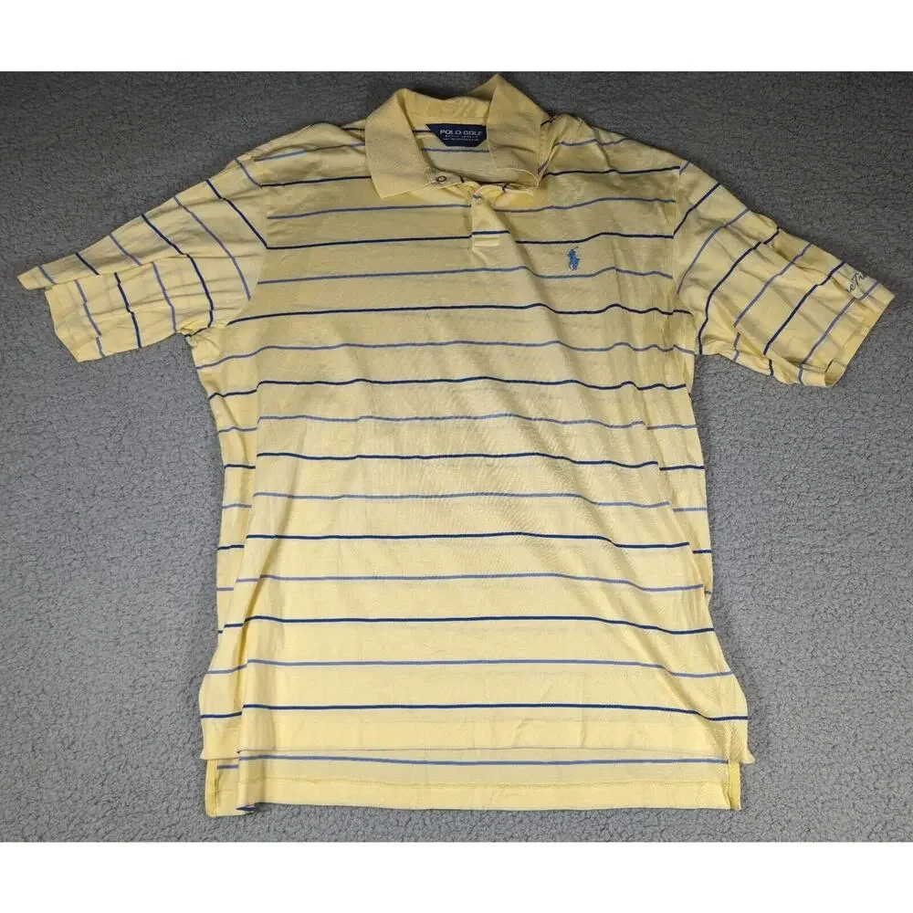 Ralph Lauren Polo Golf Shirt Mens Size L Yellow Blue Stripe Blue Pony Pine Tree